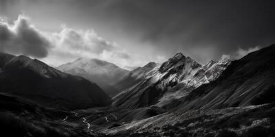 incroyable noir et blanc la photographie de magnifique montagnes et collines avec foncé ciels paysage Contexte vue scène photo