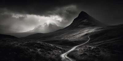 incroyable noir et blanc la photographie de magnifique montagnes et collines avec foncé ciels paysage Contexte vue scène photo