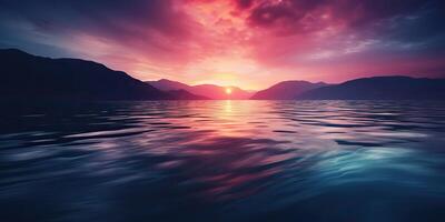 la nature Extérieur le coucher du soleil plus de Lac mer avec montagnes collines paysage contexte, rose brouiller en dehors de concentrer vue photo