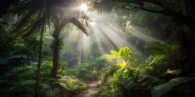 tropical pluie jungle Profond forêt avec bébé rayon lumière brillant. la nature Extérieur aventure vibe scène Contexte vue photo