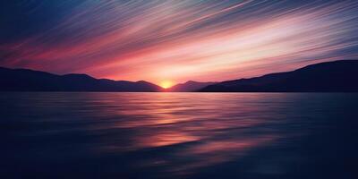 la nature Extérieur le coucher du soleil plus de Lac mer avec montagnes collines paysage contexte, rose brouiller en dehors de concentrer vue photo