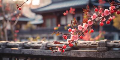 ancien asiatique Japonais chinois vieux ancien rétro ville ville bâtiment temple avec la nature arbre fleurs photo