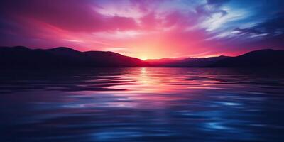 la nature Extérieur le coucher du soleil plus de Lac mer avec montagnes collines paysage contexte, rose brouiller en dehors de concentrer vue photo