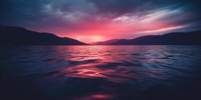 la nature Extérieur le coucher du soleil plus de Lac mer avec montagnes collines paysage contexte, rose brouiller en dehors de concentrer vue photo