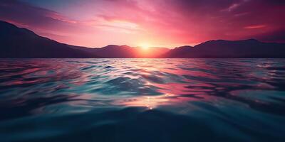 la nature Extérieur le coucher du soleil plus de Lac mer avec montagnes collines paysage contexte, rose brouiller en dehors de concentrer vue photo