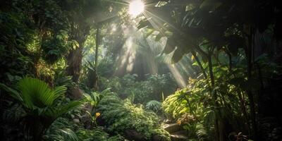 tropical pluie jungle Profond forêt avec bébé rayon lumière brillant. la nature Extérieur aventure vibe scène Contexte vue photo