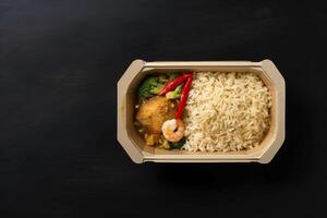 aérien coup de une emballé asiatique cuisine boîte à la perfection arrangé pour livraison photo