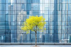 durable verre Bureau bâtiment dans Urbain paysage avec arbre pour carbone réduction photo