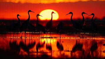 avec le Soleil lentement plongement au dessous de le horizon le silhouettes de grues sont jeter contre une toile de fond de vibrant couleurs création une étonnamment magnifique scène photo