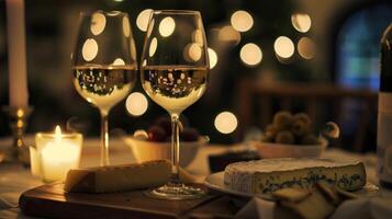 le attrayant lueur de le bougies crée une sens de intimité fabrication le du vin et fromage appairage un événement une parfait Date nuit pour des couples. 2d plat dessin animé photo