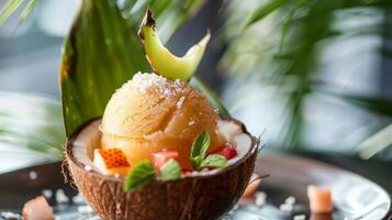 une tropical fruit sorbet servi dans une creusé en dehors noix de coco avec une s fabriqué de une banane feuille pour un ajoutée tropical toucher photo