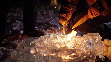 le du son de ciseaux sculpture dans le la glace accompagné par le crépitement de le proche Feu fosse. 2d plat dessin animé photo