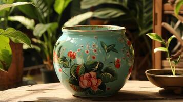 une brillant céramique plante pot avec une peinte à la main floral conception parfait pour mettant en valeur votre les plantes et ajouter une toucher de opulence à votre jardin photo