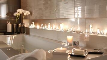une contemporain salle de bains avec une longue étroit cheminée au dessus le trempage baignoire. le chaud flammes réfléchir de le brillant blanc carrelage création une serein et luxueux atmosphère 2d plat dessin animé photo