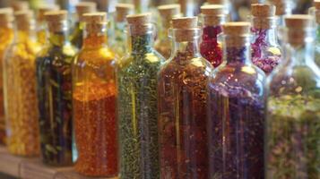 une coloré tableau de verre bouteilles rempli avec différent les types de à base de plantes élixirs certains étiqueté avec excentrique des noms comme stress mec mélange et cerveau renforcer brasser photo