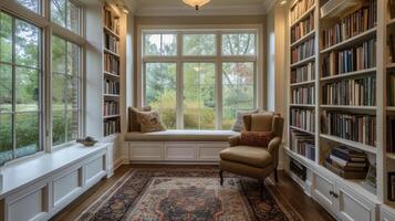 une rêveur bibliothèque avec mur contre mur étagères et une confortable fenêtre siège surplombant une tranquille jardin. doux neutre couleurs et chaud éclairage créer un attrayant atmosphère photo