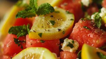 une la fusion de méditerranéen et Caraïbes les saveurs dans une rafraîchissant pastèque feta salade avec une agrumes et menthe pansement photo