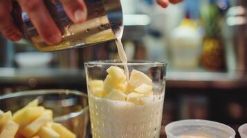 une mixologue soigneusement verse une crémeux noix de coco Lait dans une Mixeur le long de avec morceaux de Frais ananas et une éclaboussure de banane liqueur photo