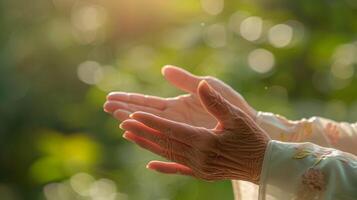 un abstrait coup de mains gracieusement en mouvement par divers tai chi postes mise en évidence le physique et mental avantages de cette faible impact exercice pour retraite âge personnes photo