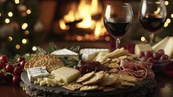 une délectable sélection de les fromages et craquelins pensivement p dans de face de une crépitement Feu attrayant invités à se détendre et se livrer dans le sarriette les saveurs de le saison photo