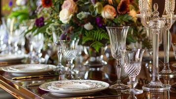 une magnifiquement ensemble table orné avec bien Chine et pétillant cristal des lunettes attend invités pour un inoubliable soir de à manger à Accueil photo