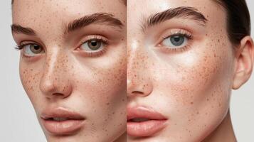 une avant et après afficher de Comment correct hydratation affecte notre peau avec deux Photos côté par côté montrant le différence entre déshydraté et hydraté peau