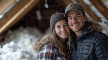 une content couple pose dans de face de leur mis à jour grenier isolation se vanter une épais couche de respectueux de la nature des moutons la laine isolation pour amélioré énergie Efficacité et Coût des économies photo