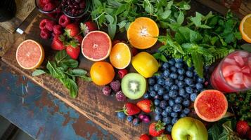 une coloré tableau de Frais fruit et herbes utilisé à faire une variété de revigorant cocktails sans alcool est soigneusement arrangé sur une en bois ting planche dans préparation pour une Matin de méditation photo