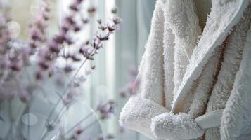 une duveteux blanc peignoir de bain bloque sur une crochet attendre à envelopper ses propriétaire dans une confortable embrasse après leur heure du coucher tremper dans une baignoire rempli avec infusé à la lavande bulles photo