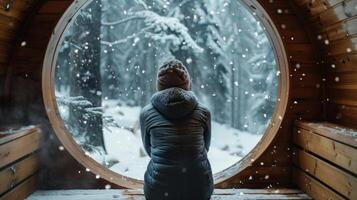 une voyageur séance sur une en bois banc à l'intérieur un en forme d'igloo sauna en train de regarder le neige doucement tomber à l'extérieur comme elles ou ils expérience une unique nordique bien-être rituel. photo