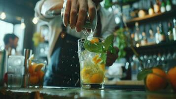 une fermer coup de une barman habilement embrouiller Ingrédients pour une mocktail photo