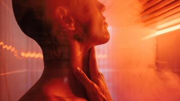 une la personne détient leur main à leur tendu cou découverte le soulagement de le infrarouge chaleur de le sauna. photo