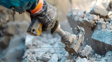 une fermer de une ouvrier en fonctionnement une marteau-piqueur rupture par béton des murs pendant le démolition processus photo