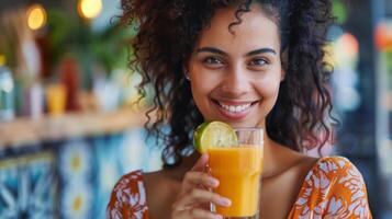 une femme souriant comme elle détient une pressé à froid jus dans main reconnaissant pour le Naturel énergie il fournit tandis que aussi amélioration sa global santé et bien-être photo