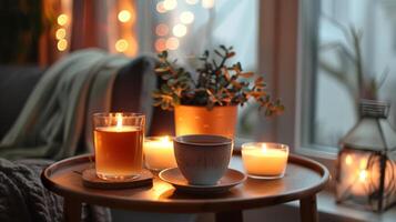 une petit côté table détient une tasse de chaud thé et une peu allumé bougies création le parfait réglage pour une relaxant en train de lire session. 2d plat dessin animé photo