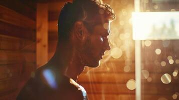 une homme transpiration dans une sauna le sien corps libération endorphines et autre se sentir bien les hormones cette améliorer le sien ambiance et global mental État. photo