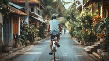 une voyageur équitation par une pittoresque village sur une vélo pleinement immergé se dans le local culture pendant une sobre Voyage expérience photo