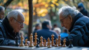 le parc est transformé dans une champ de bataille de esprit et stratégie comme les personnes âgées aller tête à tête dans une échecs tournoi mettant en valeur leur tranchant esprits et inébranlable détermination photo