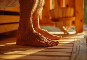 un plus âgée la personne pratiquant doux s'étire et des exercices tandis que à l'intérieur le sauna utilisant le chaleur à améliorer souplesse et mobilité. photo