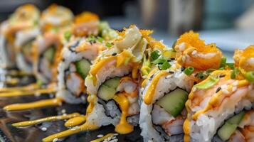 bruine avec une l'eau à la bouche noix de coco citron vert sauce ces Sushi Rouleaux sont rempli avec Frais crevette mangue et concombre pour une vrai île expérience photo