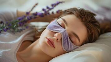 une luxueux velours sommeil masque infusé avec calmant lavande essentiel pétrole promouvoir relaxation et Profond rajeunissant sommeil photo