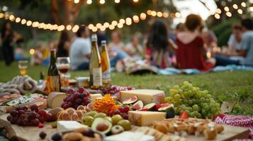 festivaliers salon sur couvertures profiter leur échantillons aux côtés de une propager de Frais des fruits et les fromages photo