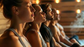 une groupe de gens pratiquant Profond respiration des exercices à l'intérieur une sauna comme prescrit par leur naturopathe praticien. photo