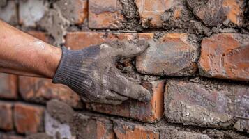 poussiéreux travail gants soigneusement cueillette en haut chaque brique avant ajouter il à le mur photo