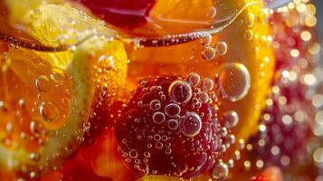 une fermer de une verre de Sangria montrant de le agrumes des fruits et flottant bulles photo