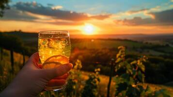 une étourdissant vue de le campagne avec une la personne avec contentement profiter une verre de du froid limonade tandis que en train de regarder le le coucher du soleil photo