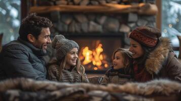 une famille se rassemble autour une cheminée entouré par double vitrage verre des portes. le légende lit prendre plaisir le ambiance de une rugissement Feu tandis que en gardant votre Accueil a faible consommation esprit photo