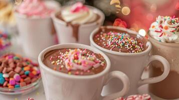 une Accueille les enfants chaud Chocolat bar avec pour enfants des tasses et garnitures comme arrose et gommeux ours pour le peu ceux à prendre plaisir photo