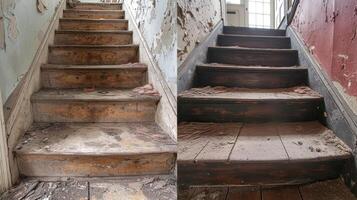 une séries de Photos montrant le pas à pas processus de restauration un vieux fatigué escalier retour à ses ancien gloire mise en évidence le difficile travail et dévouement de qualifié artisans