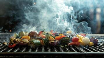 enfumé vrilles boucle et dérive de une gril empilé haute avec une variété de grillé au bois des légumes prometteur une vraiment délectable à manger expérience photo